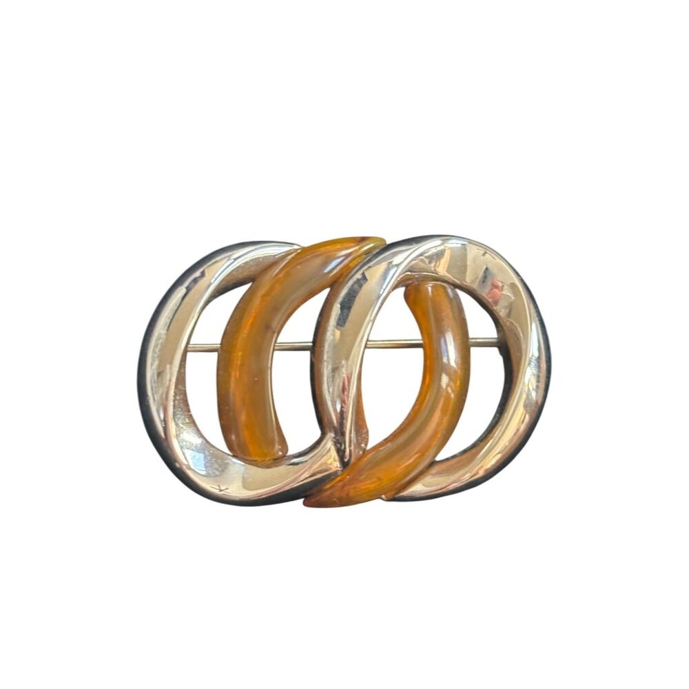 Vintage Dual-Tone Silver & Amber Circular Pin Brooch